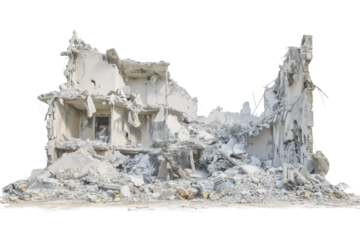 Heavily war-damaged building isolated on a white background.  PNG transparent.