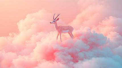 A serene deer stands gracefully on soft, colorful clouds, creating a dreamlike atmosphere of tranquility and beauty.