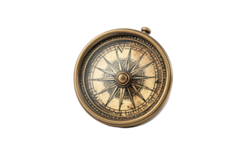 Antique brass compass with intricate details isolated on a white background.  PNG transparent.