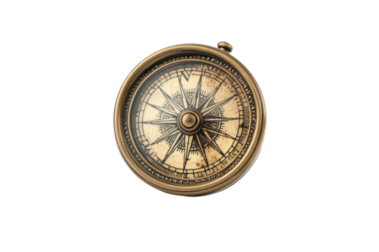 Antique brass compass with intricate details isolated on a white background.  PNG transparent.
