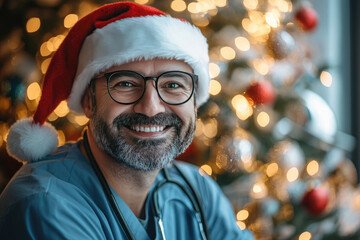 Cheerful doctor in a santa hat smiles next to a festive christmas tree, radiating holiday warmth and wellness.Happy New Year and Merry Christmas!
