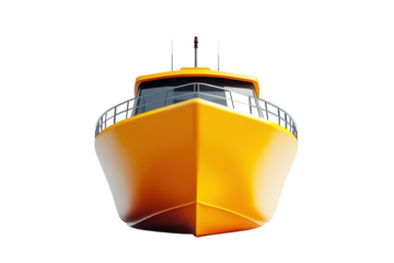 Yellow ferry boat viewed from the front isolated on a white background.  PNG transparent.