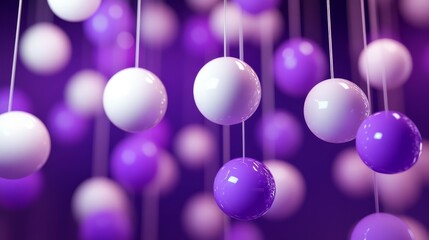 Background with hanging purple and white balls pattern in minimalist style. Simple hanging neon balls.
