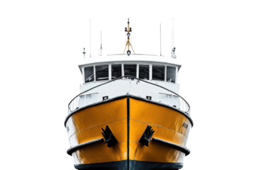 Yellow ferry boat viewed from the front isolated on a white background.  PNG transparent.