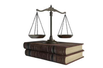 Scales of justice on top of stacked books isolated on a white background  PNG transparent.