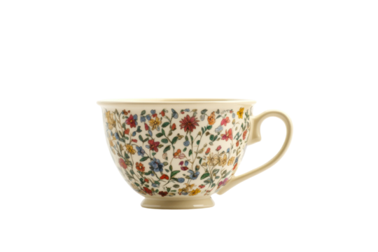 Vintage floral teacup with intricate designs isolated on a white background.  PNG transparent.
