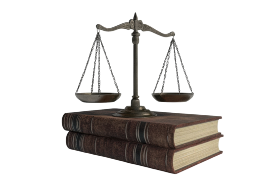 Scales of justice on top of stacked books isolated on a white background  PNG transparent. - Powered by Adobe