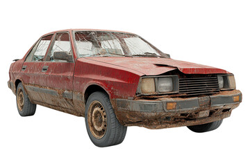 Wrecked car with damaged front end isolated on a white background.  PNG transparent.