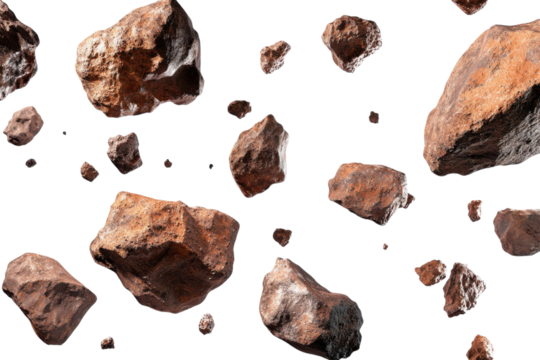 Multiple asteroids floating in space isolated on a white background.  PNG transparent.