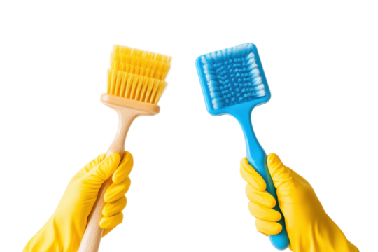 Two cleaning brushes held by gloved hands isolated on a white background.  PNG transparent.