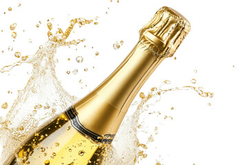 Champagne bottle with splash isolated on a white background.  PNG transparent.