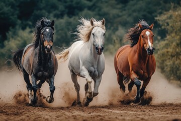Three horses running in a field. A beautiful capture of horses in motion, perfect for projects that focus on nature, speed, and freedom.
