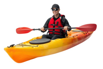 Person kayaking in an orange and yellow kayak isolated on a white background.  PNG transparent.