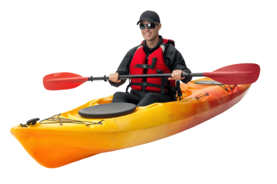 Person kayaking in an orange and yellow kayak isolated on a white background.  PNG transparent.