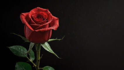 Single red rose with dew on a black background.