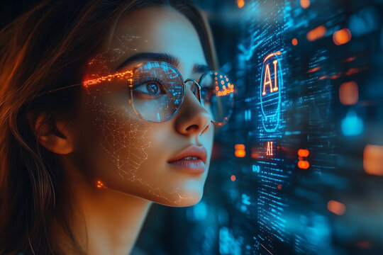 "AI" inscribed on a futuristic screen where AI assistants manage global logistics.