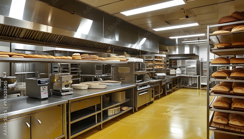 Wall mural modern commercial bakery kitchen with fresh resin vinyl flooring, stainless steel cabinets, and full