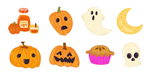 Vector set of Halloween elements: pumpkins, ghosts, candy. Perfect for scrapbooking, greeting card, party invitation, poster, tag, stickers. Hand-drawn style. Fall theme.