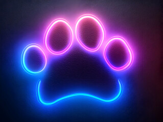 A vibrant neon paw print glowing in blue and pink lights, perfect for animal lovers and creative designs.
