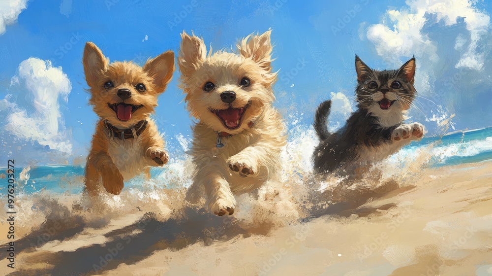 Wall mural Two dogs and a cat running on beach. Perfect for pet product advertising, summer promotions, or pet-related content.