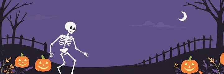 Halloween banner with skeleton walking in cemetery and and jack 'o lantern pumpkins on dark purple background. Cartoon illustration in flat style with copy space