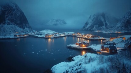 Snowy Village by the Fjord
