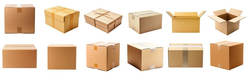 Fototapeta premium Parcels boxes cardboard with side and top view set, package closed and open for packaging isolated on background.