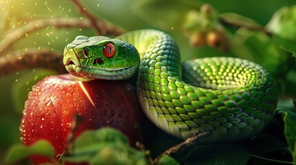 Obraz premium The concept of temptation in the form of an apple and a snake in paradise