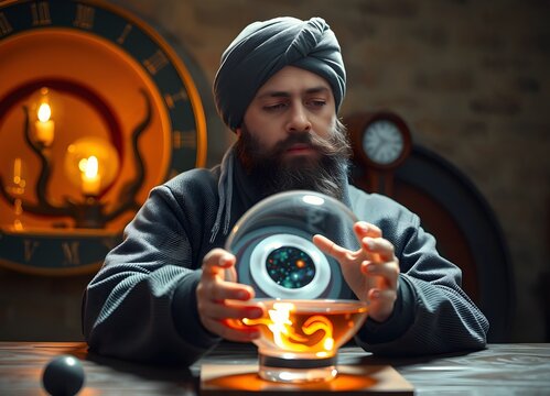 Mystic man gazing into glowing crystal ball surrounded by vintage clocks