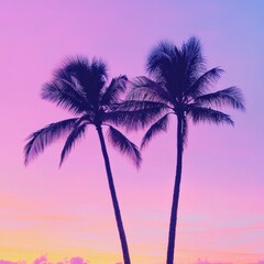Obraz premium Stunning sunset at tropical beach with silhouetted coconut palms in purple and pink hues