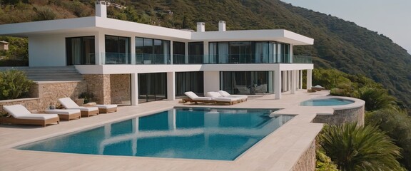Fototapeta premium A beautiful white house with a refreshing pool in front