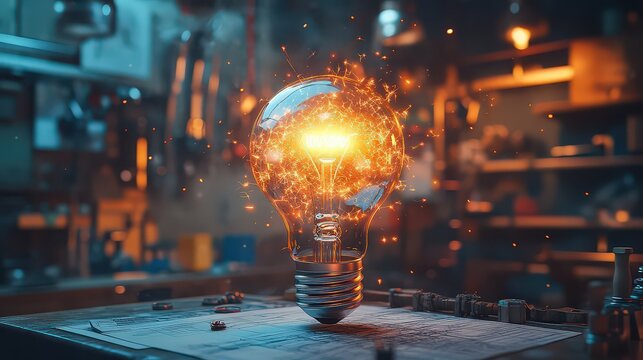  Exploding lightbulb on a workshop table, symbolizing a burst of creativity, innovation, and dynamic energy in a creative workspace.