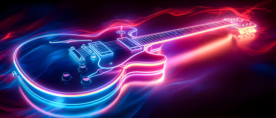 A vibrant electric guitar illuminated with colorful neon lights, showcasing a dynamic blend of art and music in a dark setting.