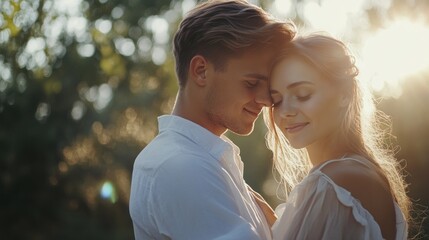 Fototapeta premium A young couple is embracing each other in a forest