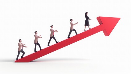 3D cartoon illustration of a group of business people carrying a red arrow upwards, isolated on a white background