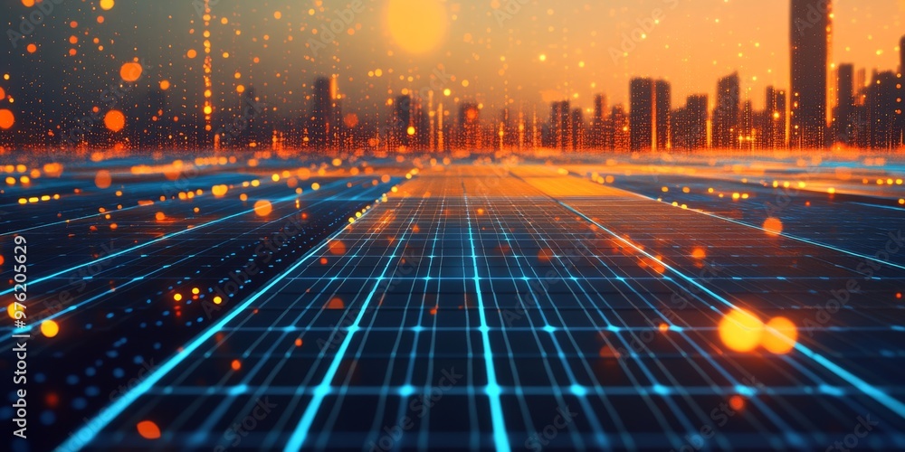 Poster a vibrant and dynamic digital landscape showcasing intricate grid patterns and luminous elements, pe