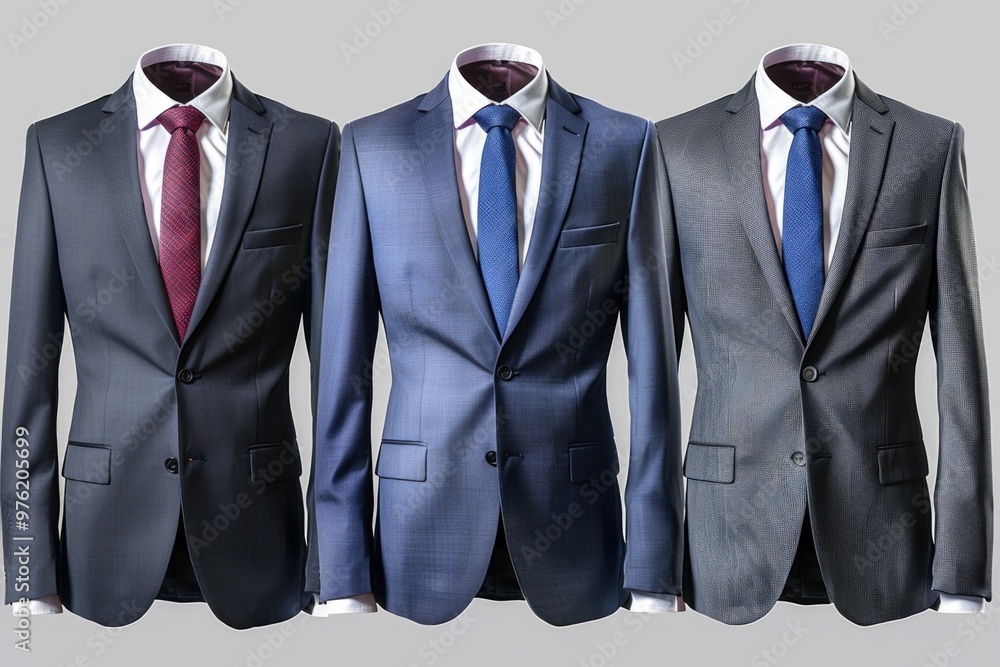 Poster A display rack featuring three men's suits with different styles and colors