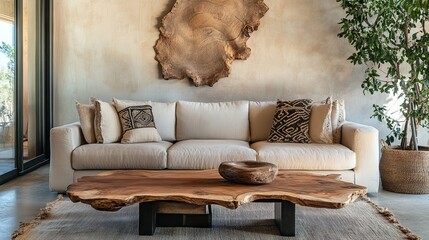 Cozy living room with coffee table, boho style sofa