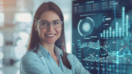Smiling businesswoman analyzing data on digital screen in modern office