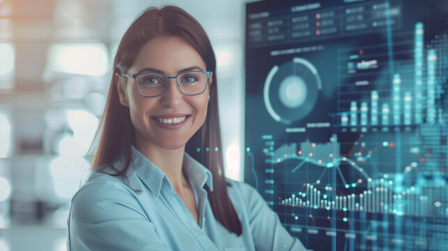 Smiling businesswoman analyzing data on digital screen in modern office