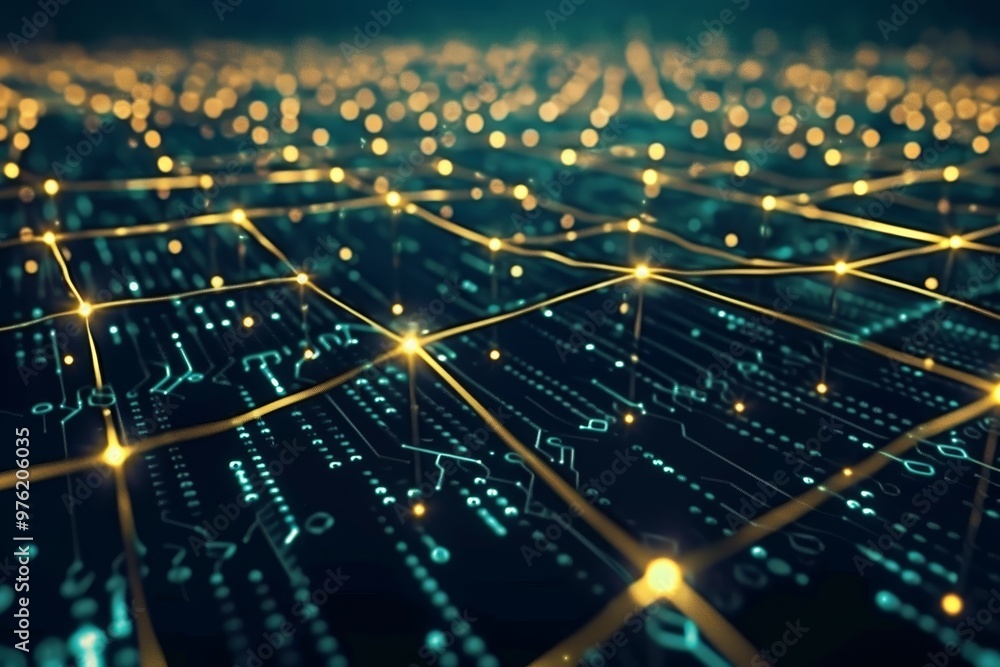 Poster exploring a digital circuit board layout, glowing connections illuminate paths on a dark background,