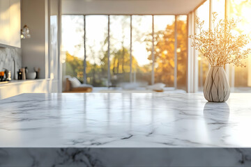 Beautiful marble countertop in a modern interior filled with natural light, featuring a minimalist vase and an outdoor view.