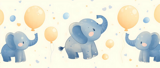 Adorable elephants with balloons, perfect for children's decor and themes. Whimsical and charming illustration for joyful moments.