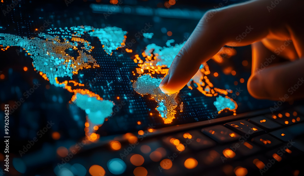 Poster close-up of a hand interacting with a digital world map on a glowing touchscreen, representing techn