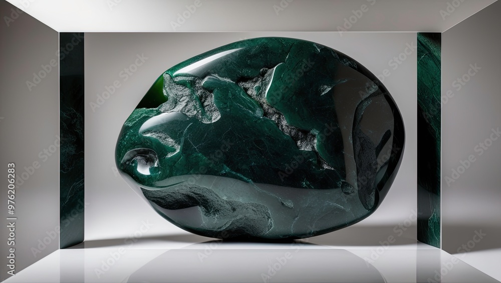 Poster stunning green jade stone displayed elegantly in a minimalist setting under soft lighting