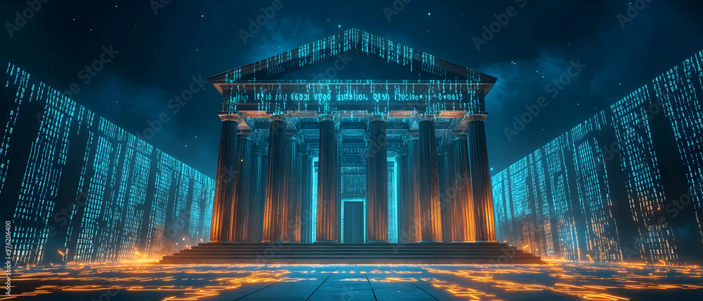 Poster futuristic temple surrounded by glowing data streams and fiery elements, creating a mystical, digita
