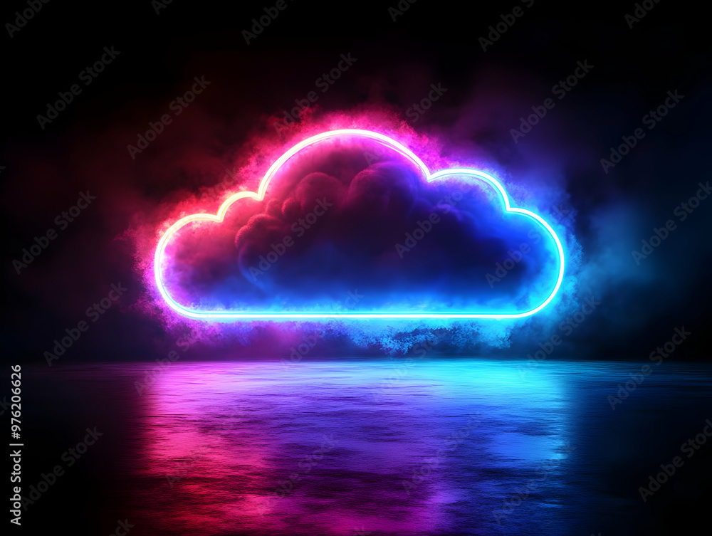 Poster a vibrant neon cloud design reflecting against a dark surface, creating a dynamic and modern atmosph