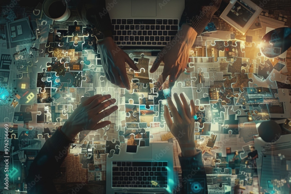 Poster people using laptops at a shared workspace, ideal for co-working or team meetings