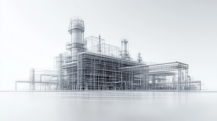  Wireframe of an industrial plant showcases detailed architectural design, engineering precision, and planning of large-scale infrastructure.