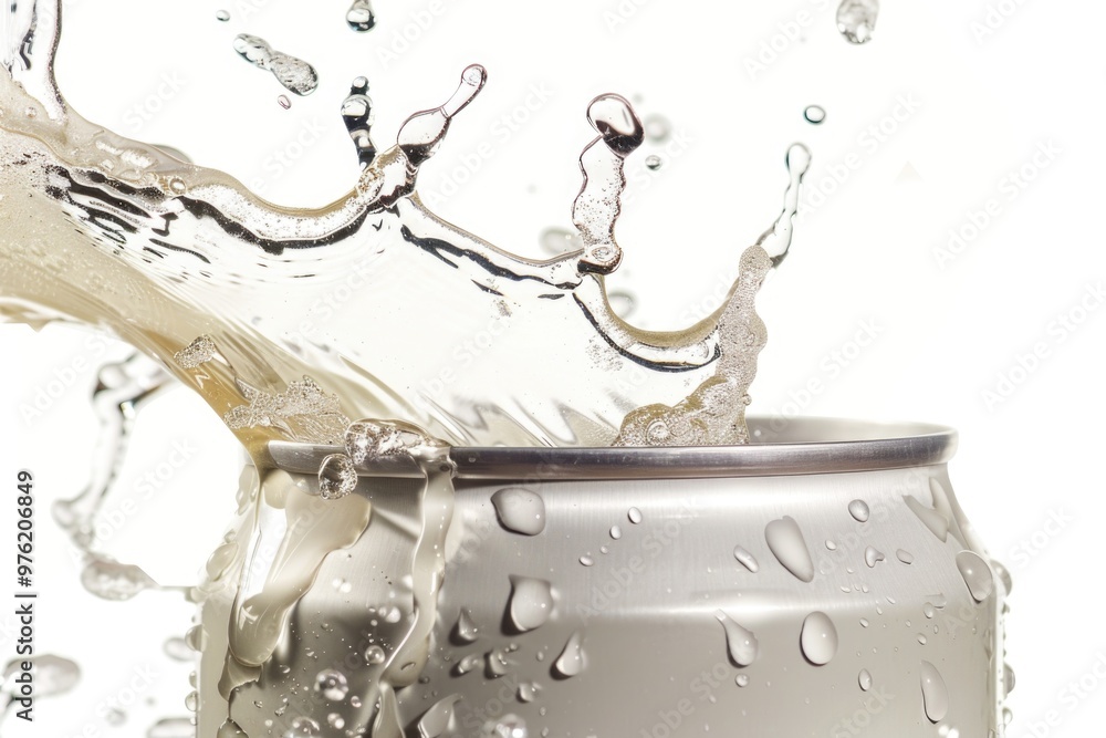 Poster a can of soda with a splash of water, ready to be consumed